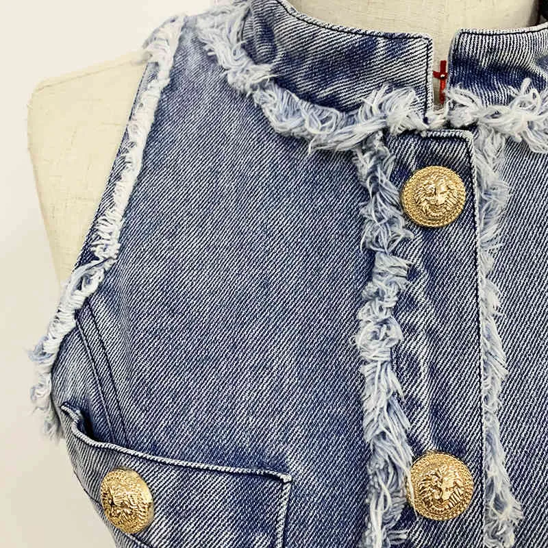 HIGH STREET est Designer Zomerjurk Dames Mouwloos Kwastje Omzoomd Leeuwenknopen Denim 210521