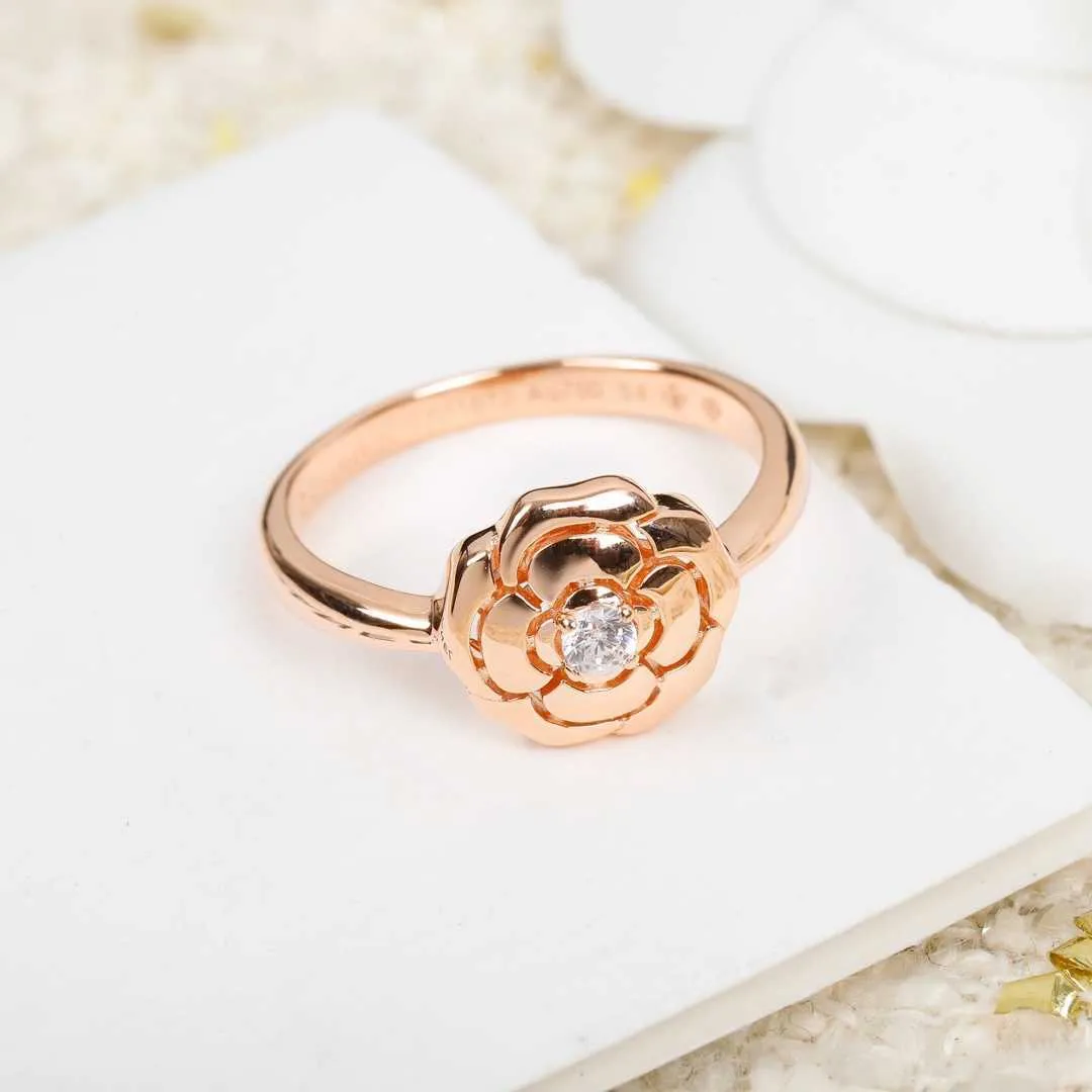 Topp C Pure 925 Sterling Silver Jewelry for Women Camellia Rose Rings Diamond Wedding Jewelry Engagement Rose Gold Flower Luxury