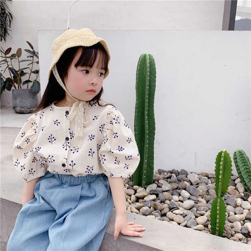 Verão Bebê Meninas Floral Impressão Spruff Sleeve Camisas 1-6 Anos Crianças Linho de Algodão Curto Tops 210615