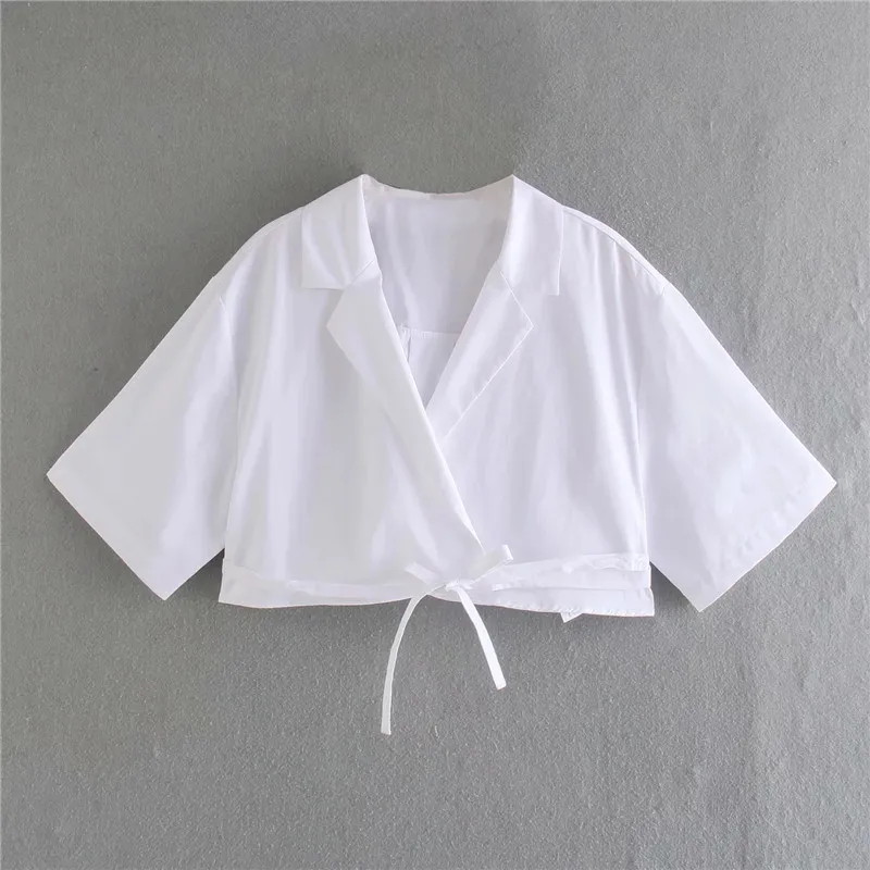Camisa blanca para mujer Wrap Crop Top Moda femenina Manga corta Chic Mujer Blusa Dobladillo Atado High Street Sexy Tops 210519