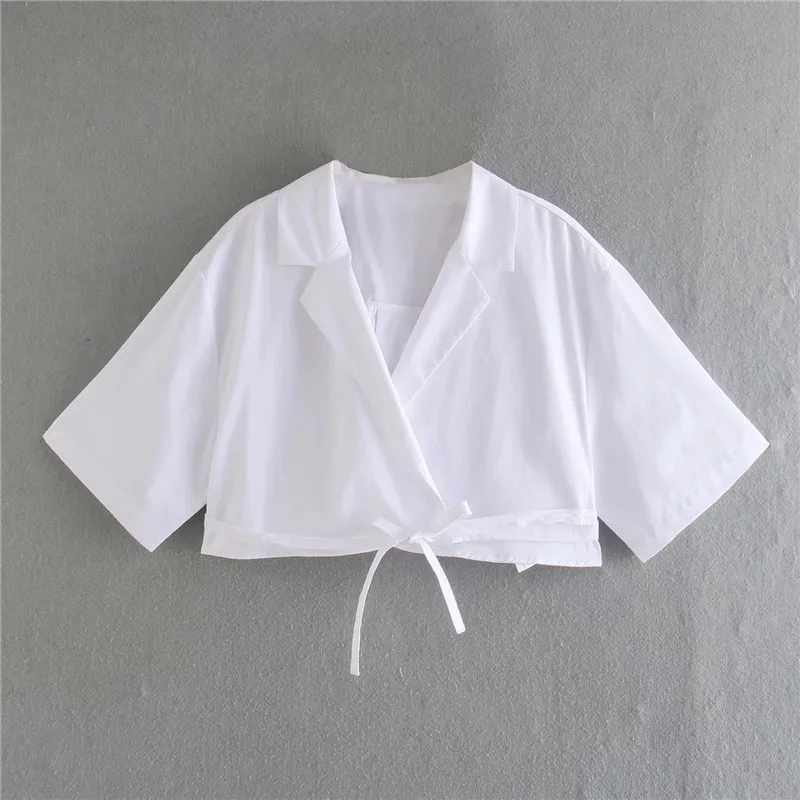 Women's White Shirt Wrap Crop Top Female Fashion Short Sleeve Chic Woman Blouse Hem Tied High Street Sexy Tops 210519