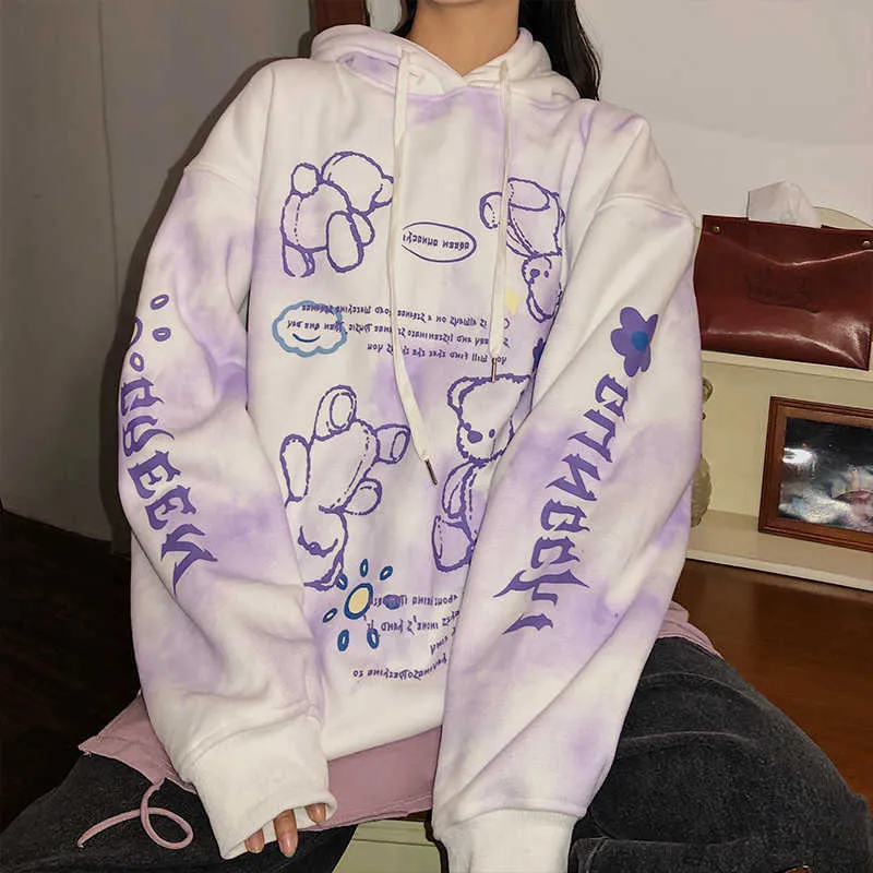 Vintage Tie Dye Esthetic Oversized Vrouw Hoodie Kawaii Mode Koreaanse Harajuku Sweetshirt Kleding voor Dames Plus Size Pullover 210816