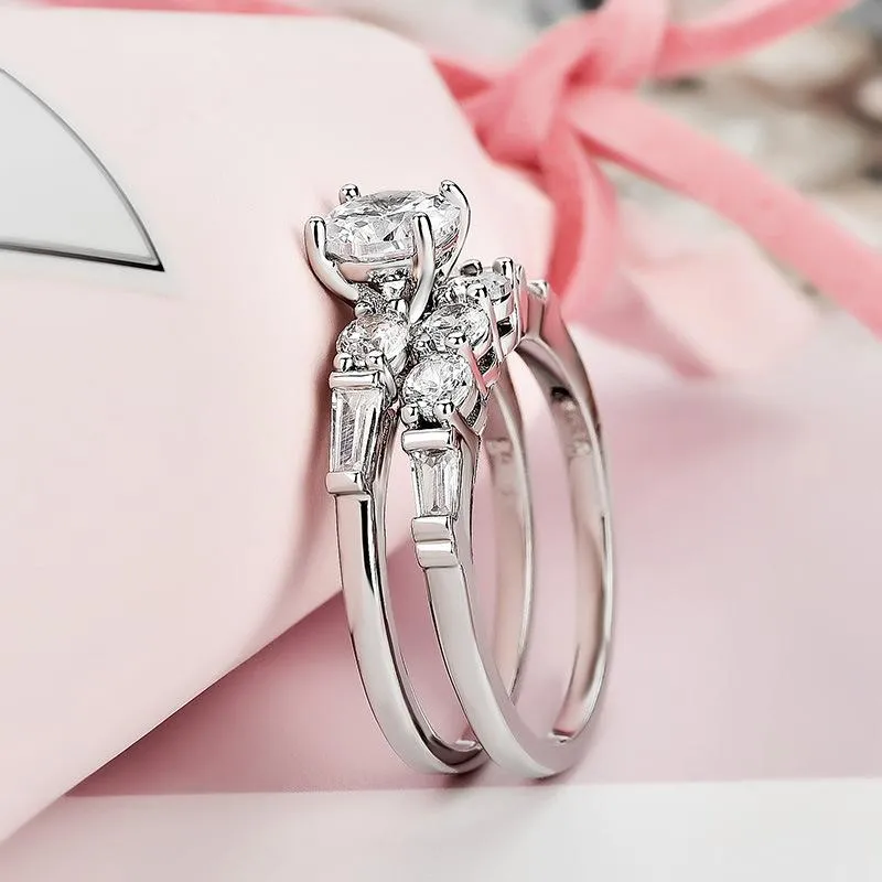 Anéis de casamento brilhantes 2 peças / conjunto de pedra branca zircão anel de noivado conjunto para mulheres cor prata vintage joias de noiva presente b4n9672807