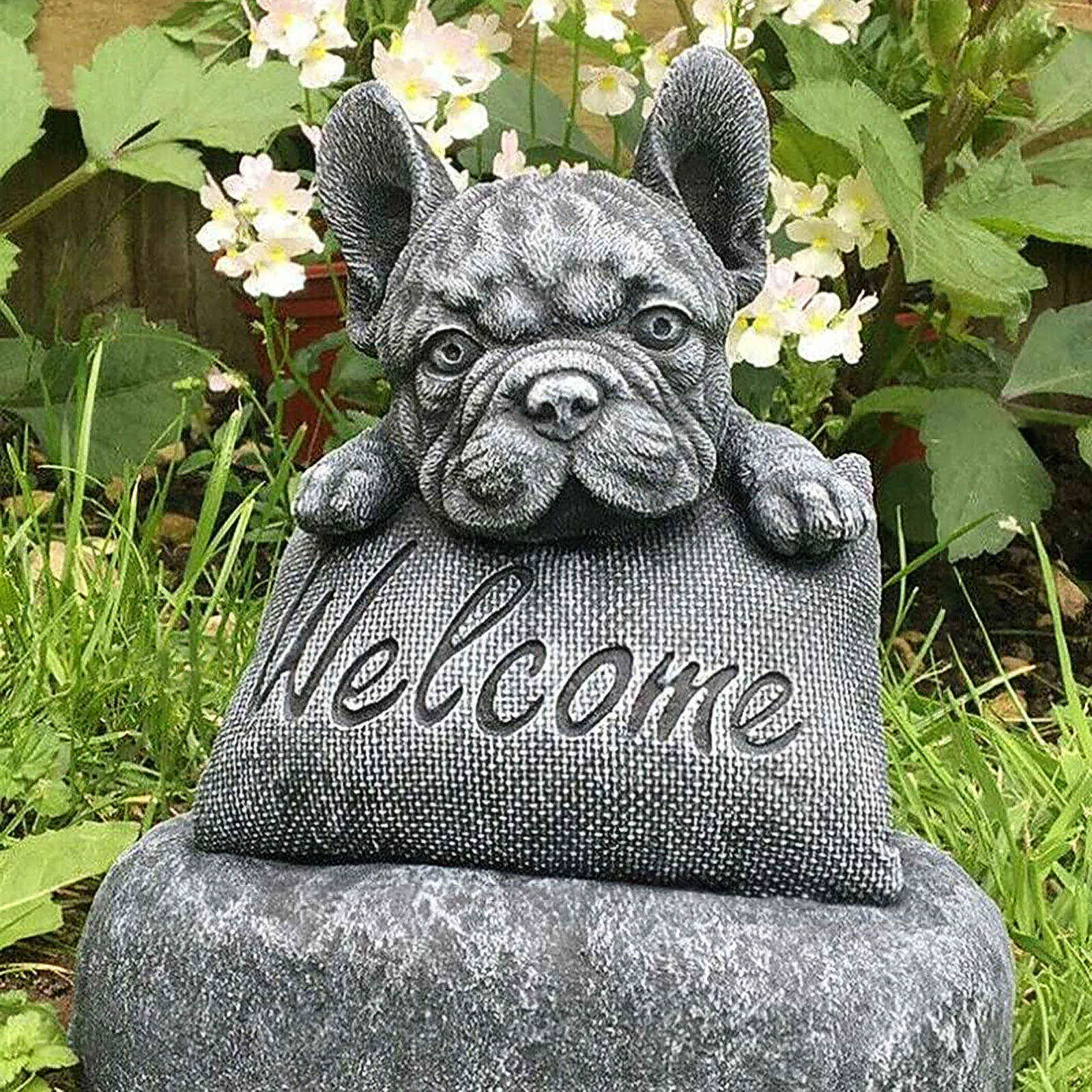 Französische Bulldogge, Skulptur „Willkommen auf einem Sockel“, Haus- oder Gartendekoration, Hofgartendekoration, Skulptur, Gartendekoration, Statue Q0811