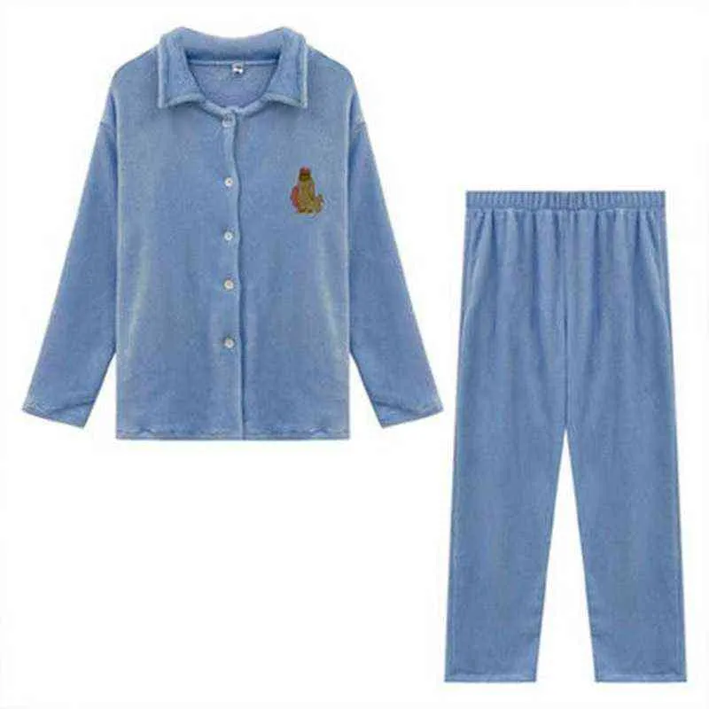 QWEEK Kobiety Piżama Sypialnia Zestaw Solid Color Haftowane Flanel Pijamas Koreański Luźne Wygodne Wygodne Kołnierz Piżamy Cute 211211