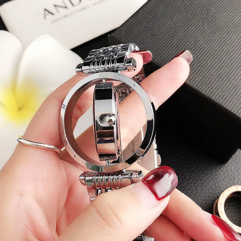 Модный бренд для женщин и девочек с кристаллом, который может вращать циферблат, стильный стальной металлический ремешок, кварцевые наручные часы P67212k