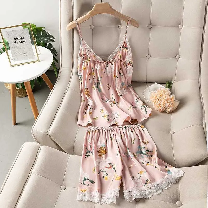 Lady Strap TopShorts Casual Lingerie Intime Soft Print Satin Shorts Set Pyjamas Silky Home Clothes Nightwear Pijamas Q0706