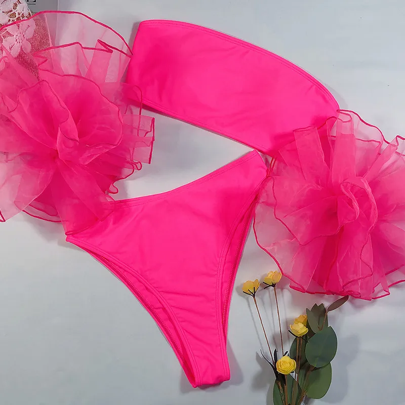 In-X сетчатый купальник с рюшами женский сексуальный бандо бикини без бретелек купальник женский комплект с высокой талией черный розовый купальный костюм 220221