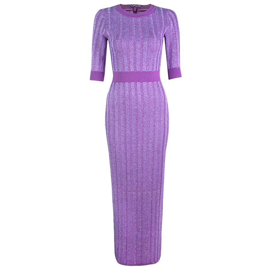 Été Femmes À Manches Longues Rayonne Bandage Robe Sexy Violet Rayé Club Celebrity Soirée Piste Maxi Robes 210423