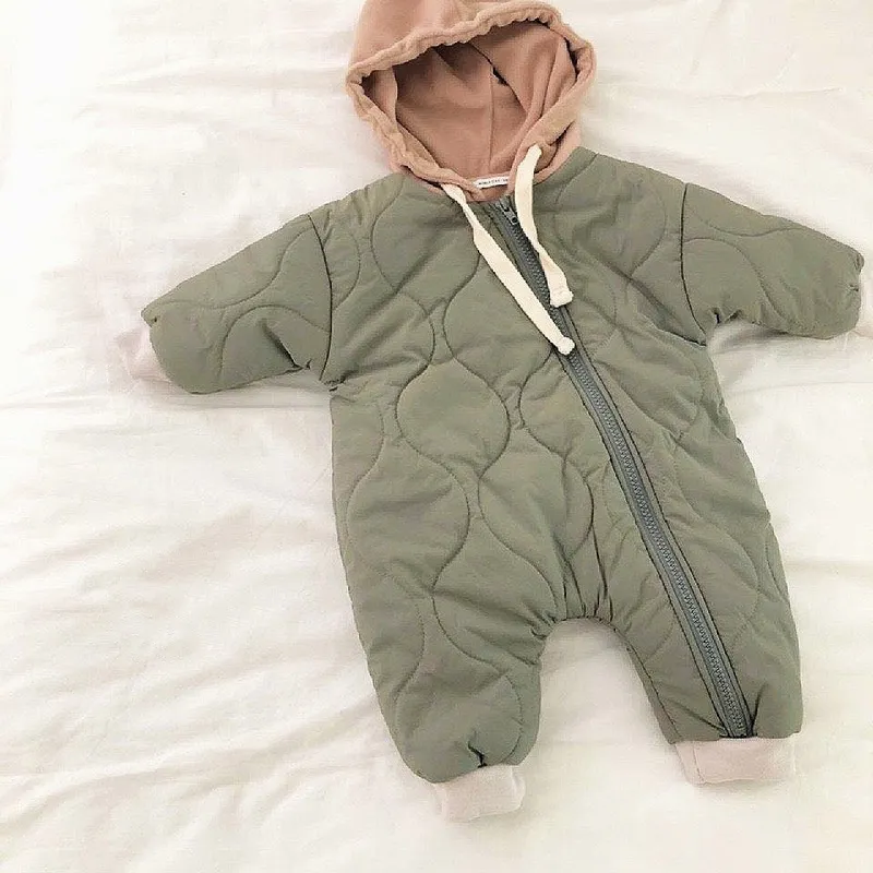 Toddler Baby Down Cotton Solid Rompers born Boy Girl Hooded Clothes Snow Suit Winter Jumpsuit Thicken Warm Outwear 0-24m 220211