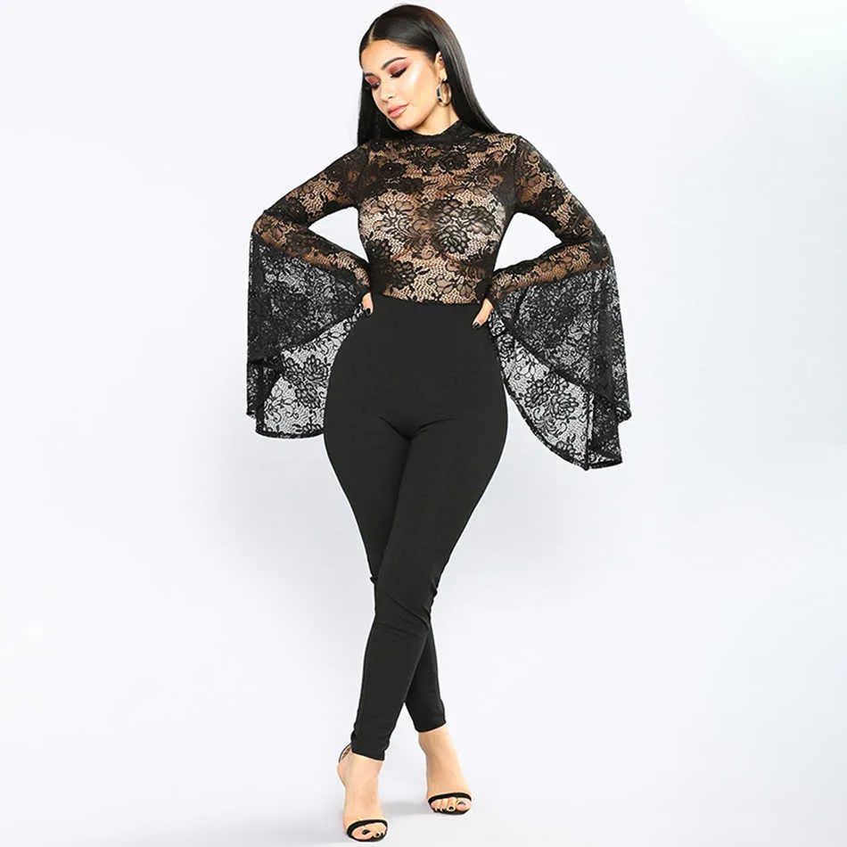 Sexy Black Lace Mesh Bodysuit Long Sleeve Round Neck Perspective Ladies Bandage Jumpsuit Body Fashion 210527