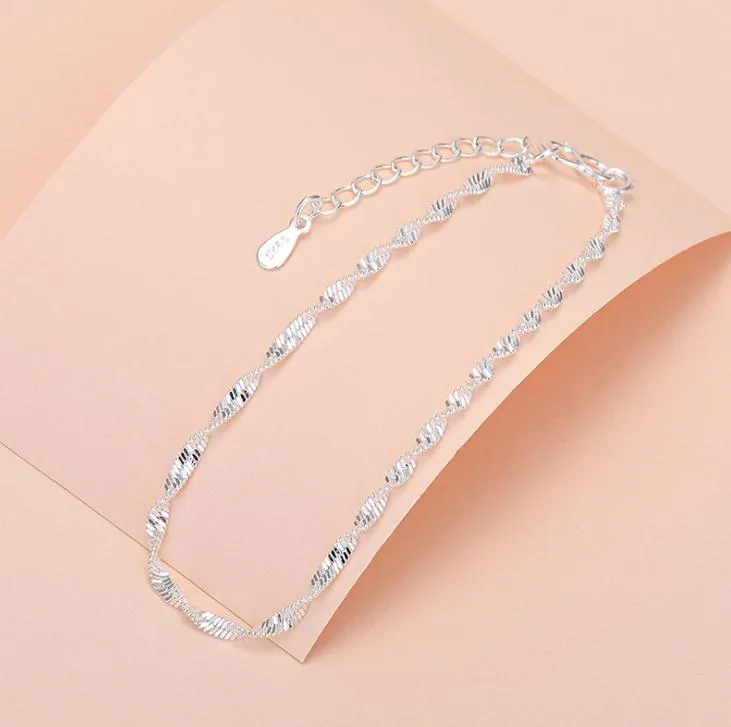 925 Sterling Silver Fashion Proste Eleganckie Twisted Link Chain Bransoletki Biżuteria Dla Kobiety Fala Anklet Prezenty