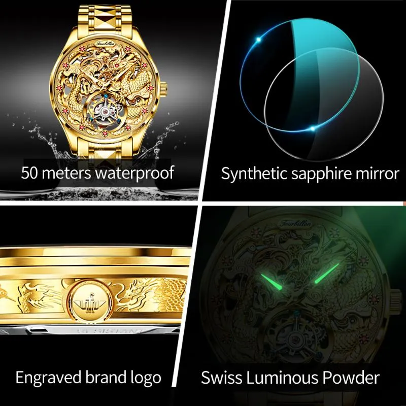 豪華なゴールドドラゴンオートマチックウォッチフォーメカニカルツアービヨンサファイア防水トップブランド腕時計透明腕時計2377