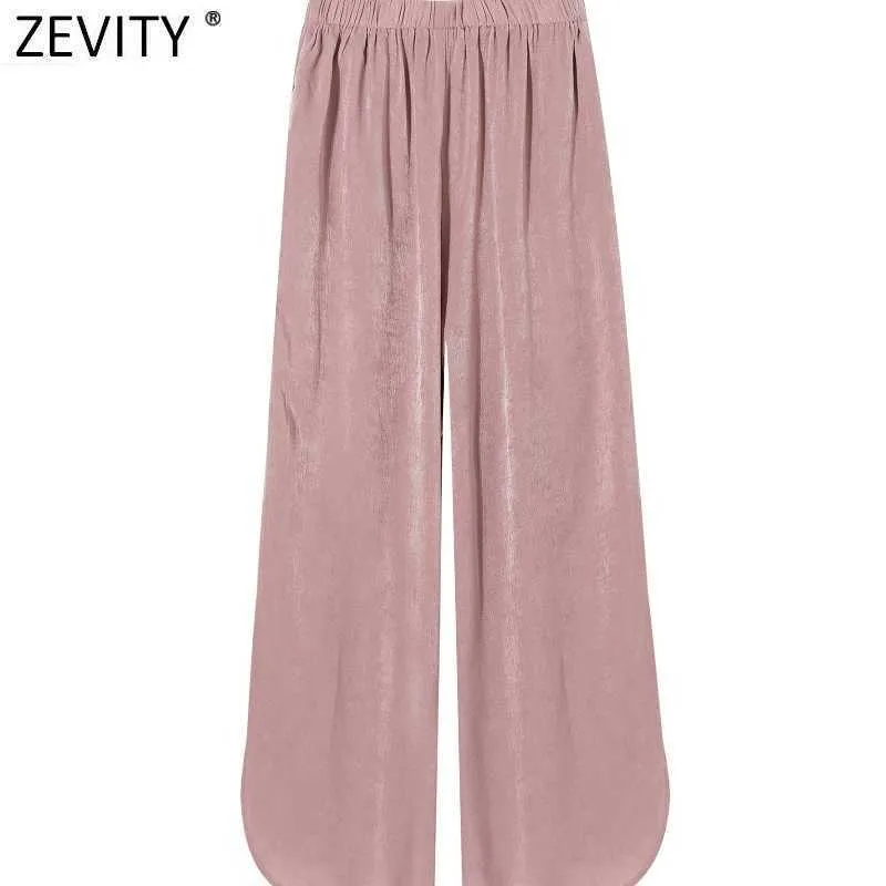Zevity femmes Vintage couleur unie brillant taille élastique décontracté pantalon à jambes larges rétro Femme Chic ourlet fendu Long pantalon P1015 210603