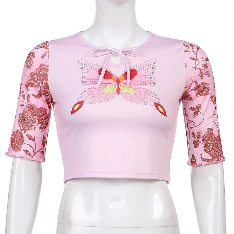 Fairycore Aesthetics Butterfly Print Rosa Crop Top Y2K Streetwear Gullig blommig Half Sleeve Patchwork T-shirts E-Girl Tees Y0621