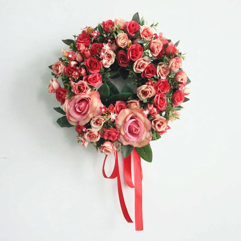 Flone Aritificial Door Knocker Simulation Silk Rose Flowers Wreath Foam Straw Garland For Wedding Home Party decoration (9)