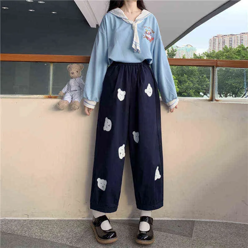 Japonais Kawaii Doux Fille Ours Mignon Impression Femmes Pantalon Base Sauvage Taille Haute Lâche Pantalon Taille Élastique Casual Étudiant Pantalon 211112