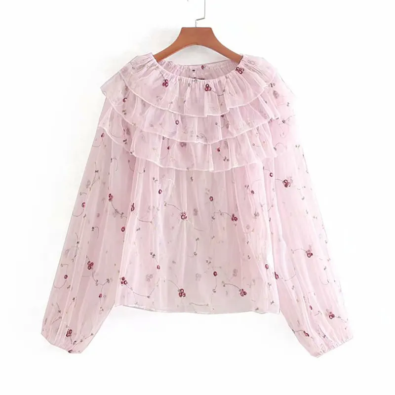 Höst Sweet Floral Embrodery Ruffles Toppar Kvinnor Blusar Långärmad SEV Genom Sexiga Skjortor Blusas Mujer 6 Färg 210430