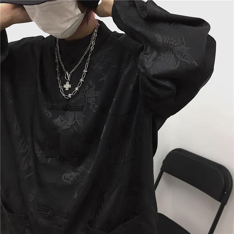 WOHERB Women Man Blouse Dragon Print Harajuku Streetwear Chinese stijl Stand Kraag Buckle Vintage Black White Shirt Blusas 210326