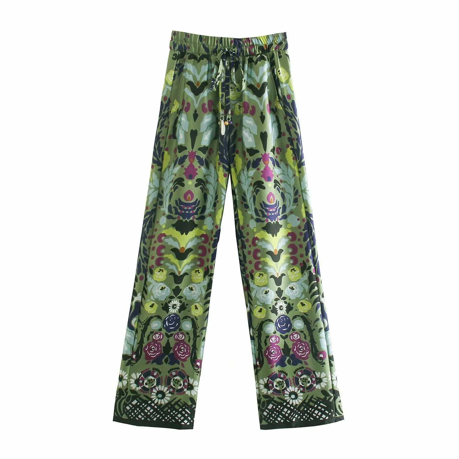 ZA Wide Hose für Frauen Green Print Übergroße Hosen Frauen Hohe Taille Frau Hose Sommer Baggy Hosen Anzüge Streetwear 211019