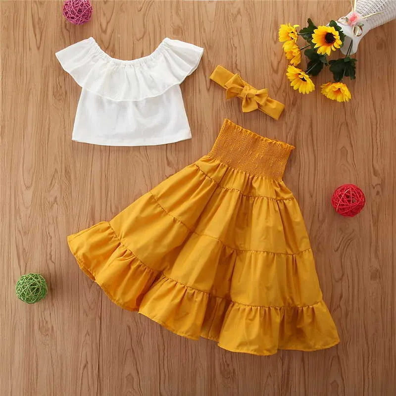 Wholesale夏の子供服スーツガールホワイトトップ+ハイトウエストドレス+ヘッドバンドファッションセット1-6 e21024 210610