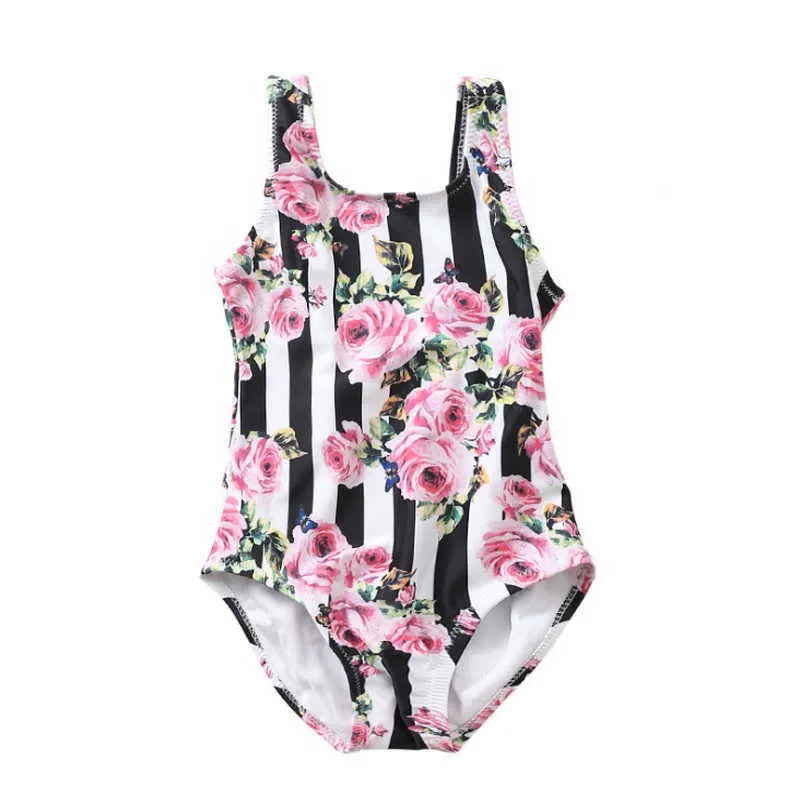 Summer Baby Girls Swimwear Striped Cartoon Rabbit Horse Flowers Swimsuit Children Clothes E081 210610