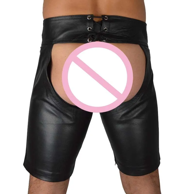 Sexy Herren Shorts Schwarz Faux Lackleder Open Crotch Shorts Skinny Performance Hosen Männer Sexy Short 210322