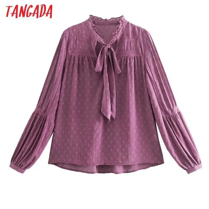 Tangada Donna Camicetta romantica con ricamo viola Camicetta con scollo a barchetta Camicia da donna chic a maniche lunghe Top CE183 210609