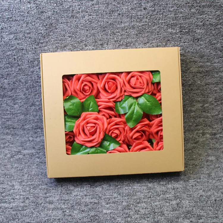 Fleurs artificielles décoratives de mariage à la maison 25 pièces/boîte, tête de fleurs de roses en mousse PE avec feuilles, Bouquet de mariée DIY, fleur de Simulation pour cadeau de la saint-valentin