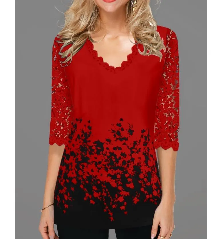 Plus Size 4xl 5XL Shirt Blouse Female Spring Tops V-neck Half Sleeve Lace Splice Print Boho Women shirt 210326
