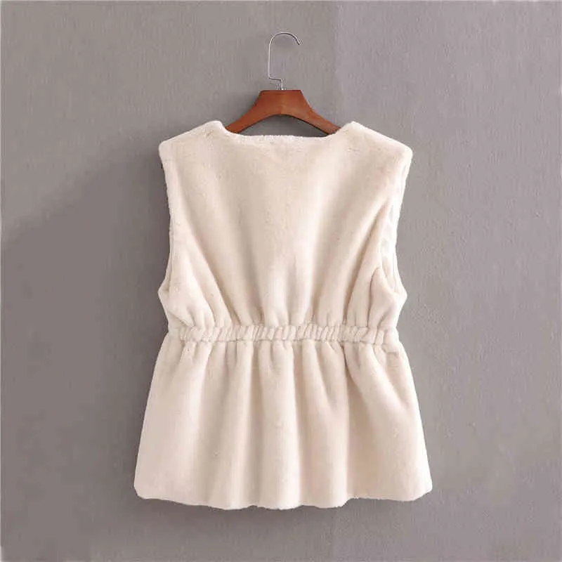 Elegant Women Soft Faux Fur Vest Fashion Ladies Solid White V-Neck Coats Streetwear Female Chic Bow Sashes 210427