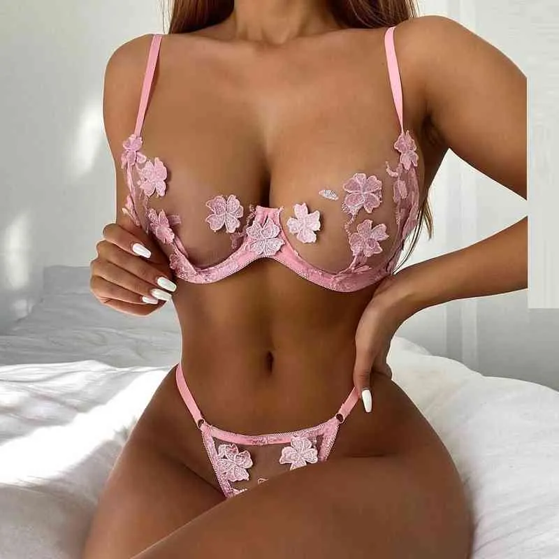 NXY Sexy Set NXY Sexy Set Sexy Dentelle Lingerie Ensemble Floral Voir à Travers Soutien-Gorge Culotte De Nuit Transparent Rose Sous-Vêtements Femmes Broderie Sheer Under Wear Sex 1203 1203