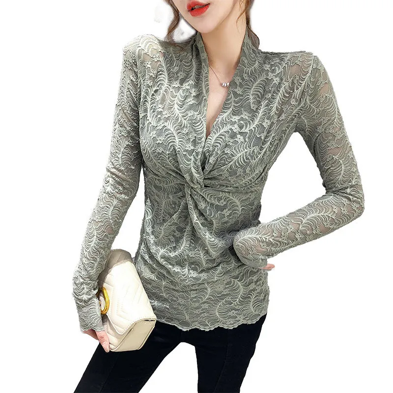 Spring Autumn Women's Top Korean Twisted Sexy Deep V-neck Lace Solid Color Slim Long Sleeve Female Base s GX269 210507