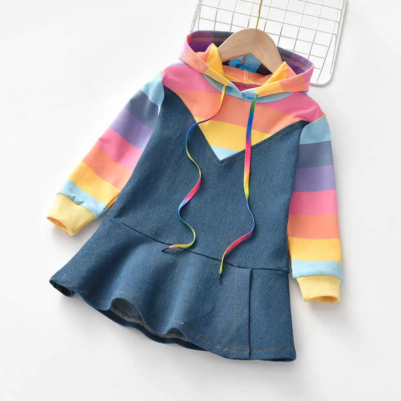 2021 nuovo design denim patchwork arcobaleno abiti con cappuccio ragazze bambini vestiti bambini maglione sportivo ragazze gonne a maniche lunghe vestito Q0716