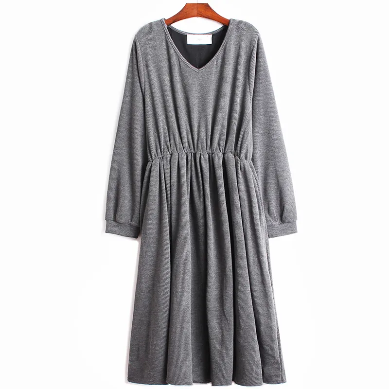 [EAM] Women Black Big Size Pleated Pocket Dress V-Neck Long Sleeve Loose Fit Fashion Spring Autumn 1DD6166 210512