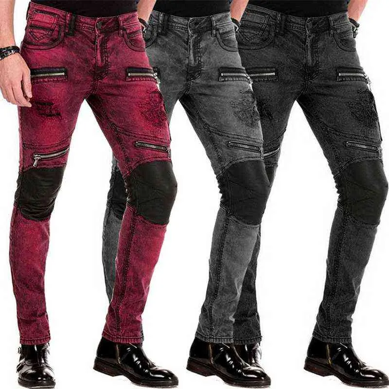 Homens jeans Stretchy Magro Falso Zíperes Destrua Patchwork Calças de Jeans Gótico Moda Denim Calças Casuais Streetwear Biker Jeans 211103