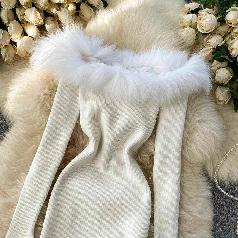 Kobiety Dress Dress 2021aUmn Winter Z Długim Rękawem Off Ramię Białe Sexy Party Sukienki na Nowy Rok Furry Collar Elegancka Robe G1214