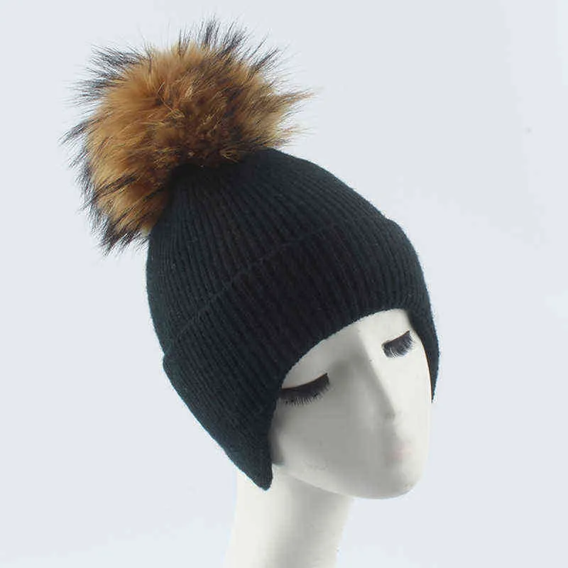 Flicka kvinnor vinter ull beanie hatt streetwear varm örat skydd skullies mössor riktiga raccoon päls pompom stickade hattar 211229