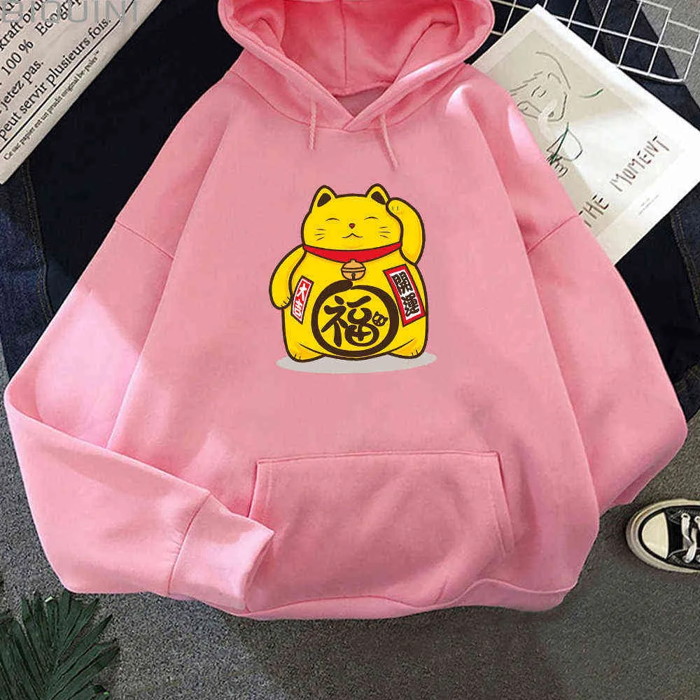 Fortune Cat Kawaii Hoodies Oversized Print Hoddies för Teen Estetisk Långärmad Streetwear Höst Vinter Fashion Rosa Pullover Y0820