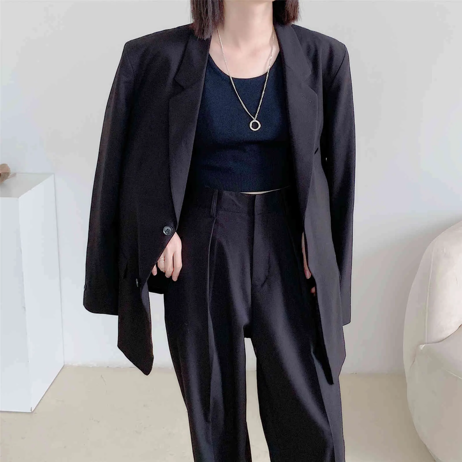 Spring And Summer Loose Women's Office Pants Suit Casual Blazer Wide-Leg Two-Piece Sets Shorts Set Female 210514