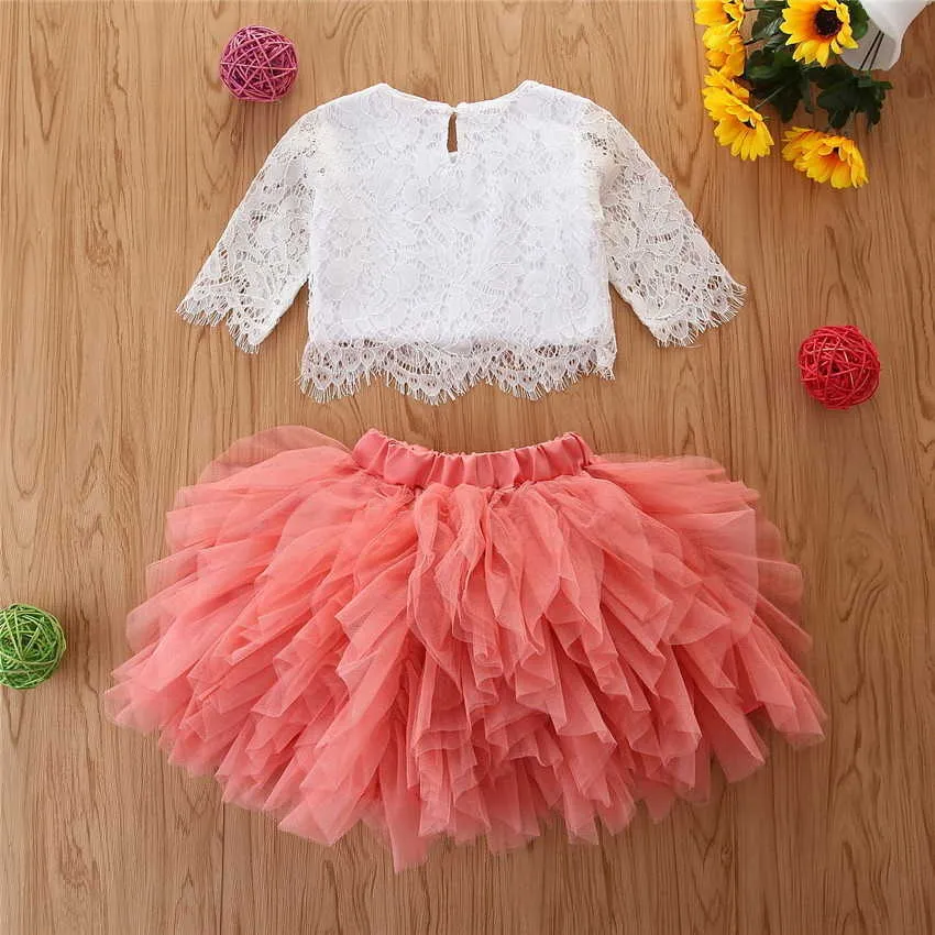 Partihandel blomma flicka sätter vår sommar vit spets topp + fluffig kjol kläder set baby kläder 1-6Y E199044 210610