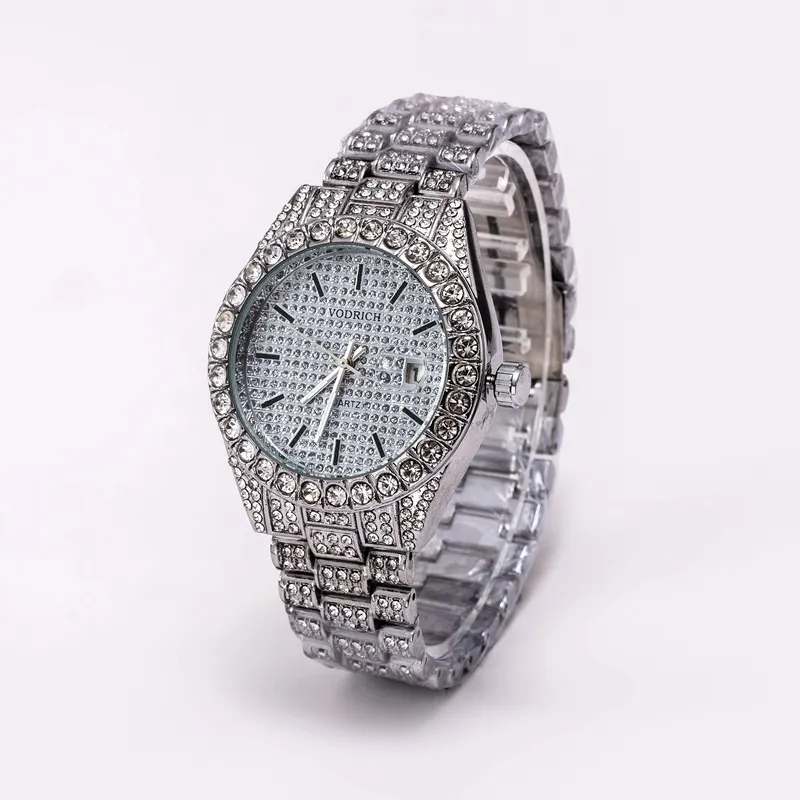 Men's 2021 Classic Quartz Gold Foreign Trade Full Diamond Watch Date Three Bead Watch Gem Watch Whole323Z