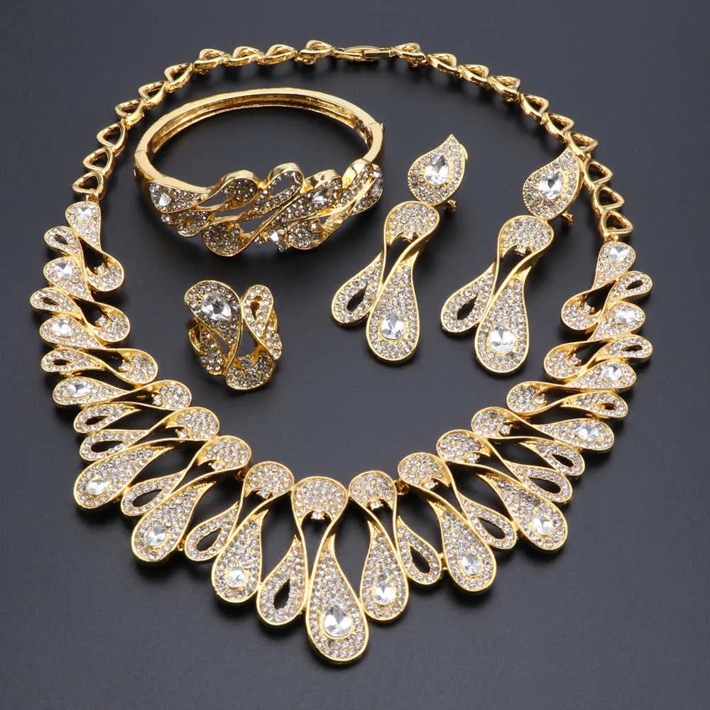 New Arrival Dubai Moda Złoty Kolor Zestawy Biżuterii Dla Kobiet Kryształ Naszyjnik Kolczyki Bransoletka Pierścień Wedding Party Jewelry Set H1022