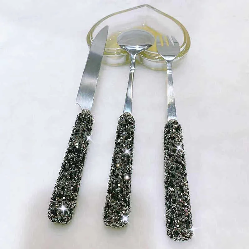 3 stycke set Bling s bestick hushålls biff rostfritt stål diamant kniv gaffel sked kök fest middag porslin 210928