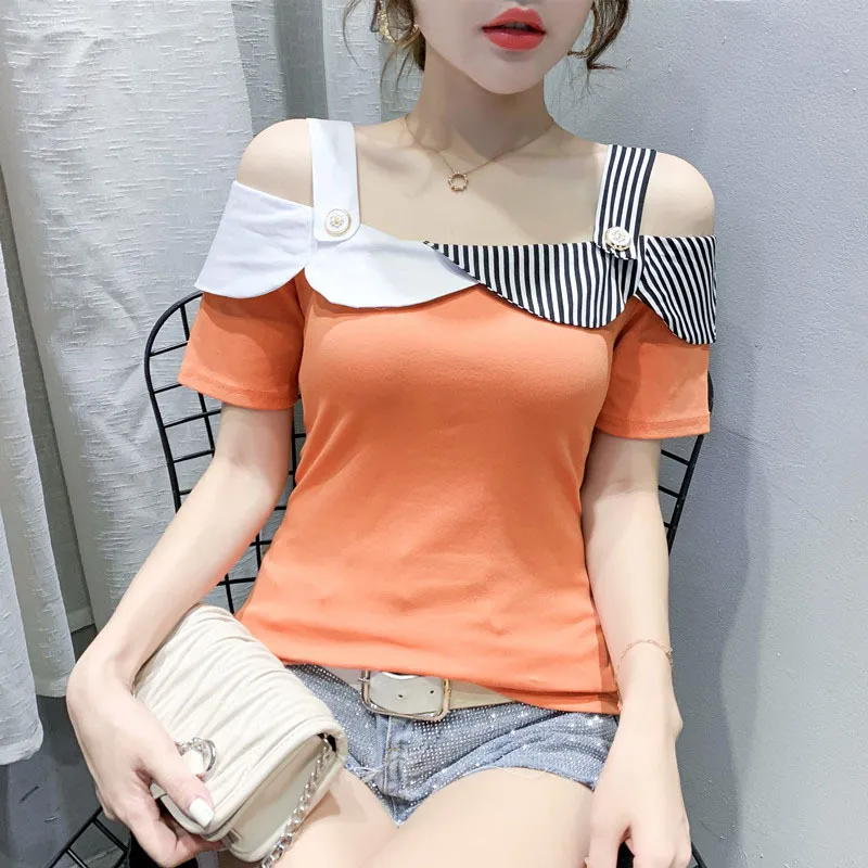 女性の夏のスラッシュネックTシャツセクシーなスリムなファッションパッチワークボタン半袖ストラップレスティー韓国のストライプトップスPL008 210506
