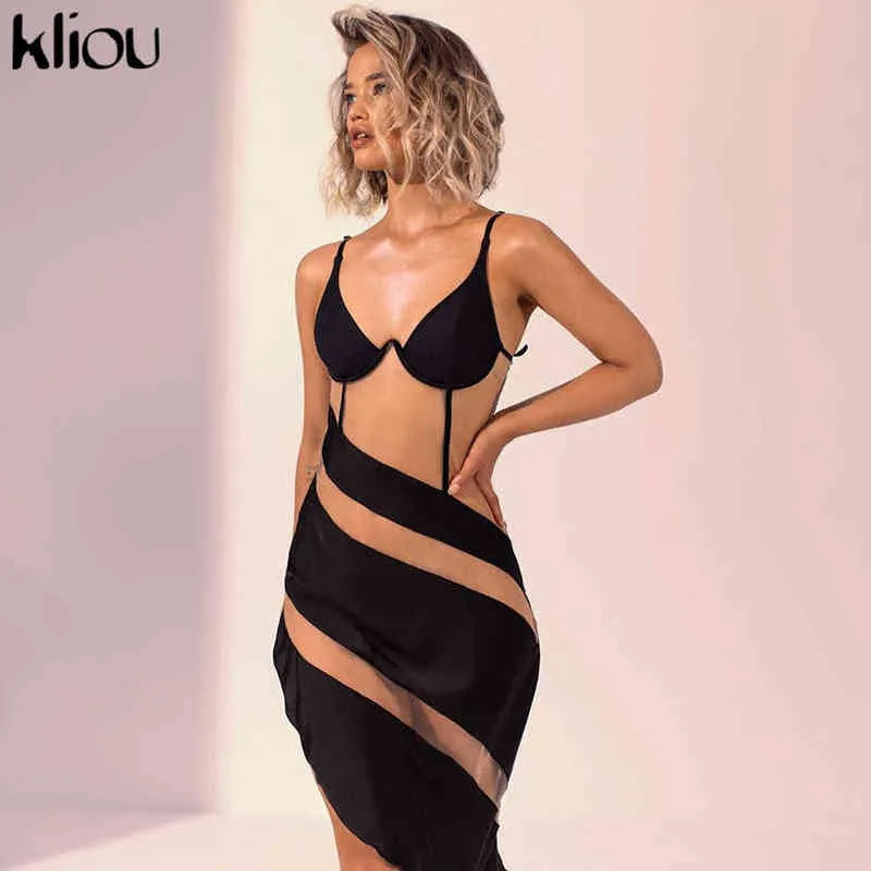 Kliou patchwork malha ver através de sexy quente mini vestido mulheres bikini strap lateral lateral festa festa clubwear bodycon vestidos y1204