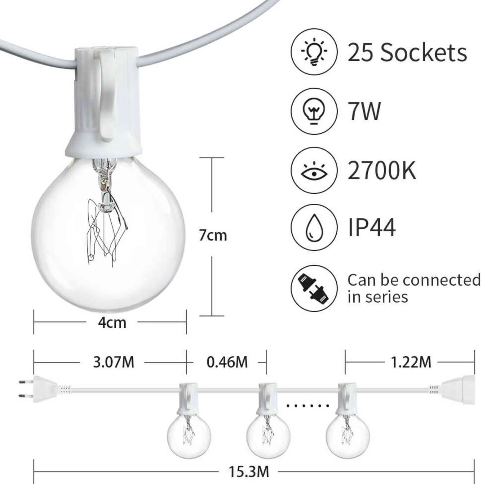 60m 15m Blanc Câble Patio Guirlande Lumineuse Extérieure Étanche G40 Globe De Mariage Rétro Guirlande Guirlande Lumineuse Pour La Fête Arrière-cour Décor 211104