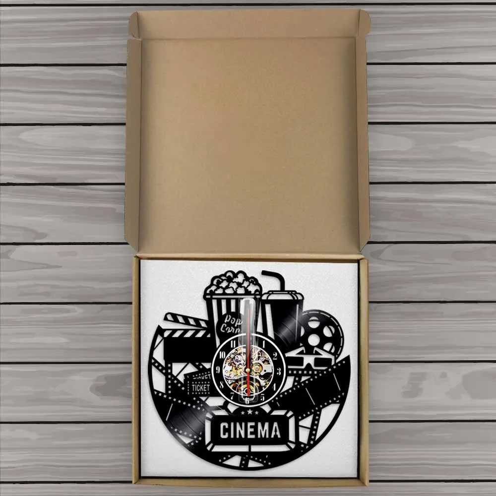 Cinema Vinyl Record Orologio da parete Design moderno Guarda film Film Orologio Time Clock Popcorn Coca Cola regalo amante del cinema 210325