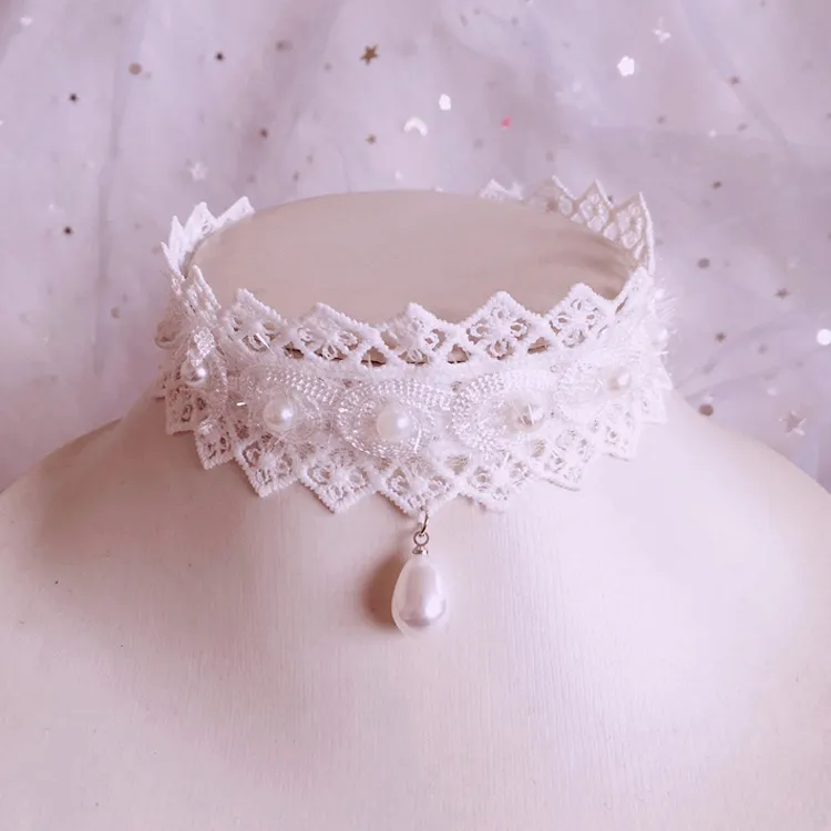 Collana girocollo Lolita Princess fatta a mano con perle vintage, dolce e carino, donna. Collana con ciondolo lavorato a maglia