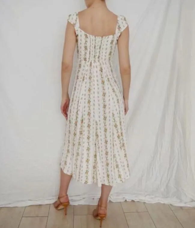 Vintage Französischer Stil Gestreiftes Blumendruck Damenkleid Saum Vorderschlitz Ärmellos Sexy Strandurlaub 210429